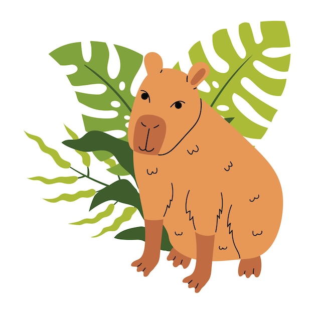 cute capybara with tropical leaf composition isolated on white in cartoon flat style