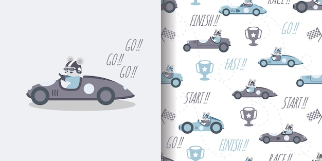 Cute car race cartoon seamless pattern print surface design illustration