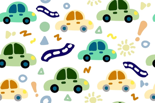 Cute car seamless pattern. Kids hand drawn automobile background. Doodle boy transport wallpaper. Vector illustration