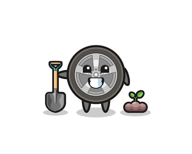 Vector cute car wheel cartoon is planting a tree seed