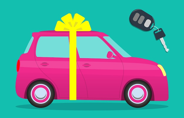 Vector cute car with a bow key with the thumb car as a gift vector illustration