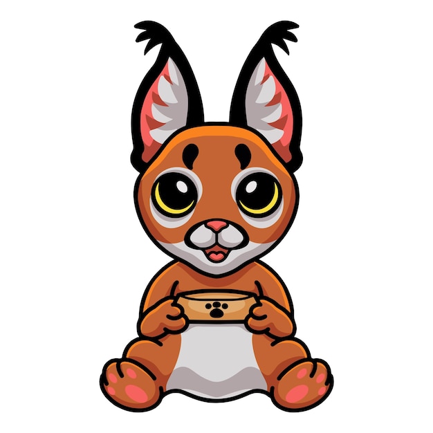 Cute caracal cat cartoon holding food bowl