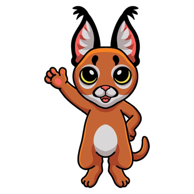 Cute caracal cat cartoon waving hand