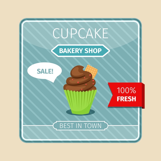 Vector cute card brown cupcake with gaufre