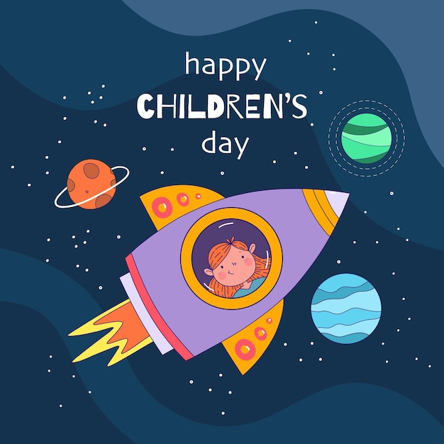 Cute card for children's day Girl flies on a rocket between stars and planets