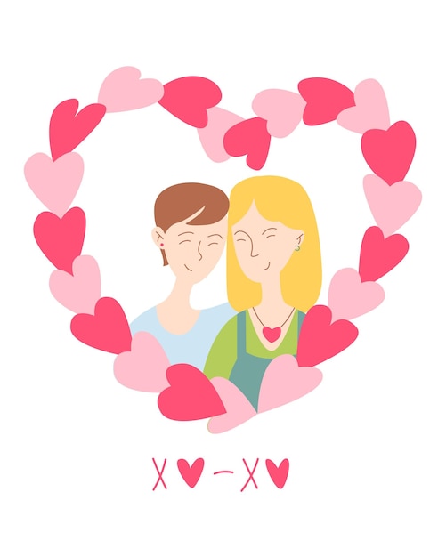 Vector cute card for valentines day hand draw lesbian bi couple in frame of hearts