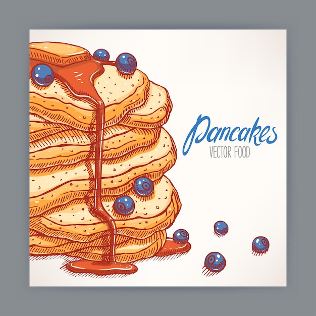 Cute card with appetizing pancakes with blueberry and syrup. hand-drawn illustration