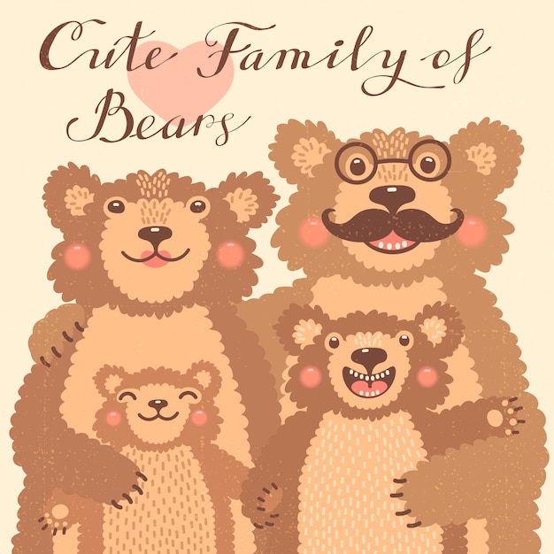 Vector cute card with a family of brown bears. dad hugs mother and children.