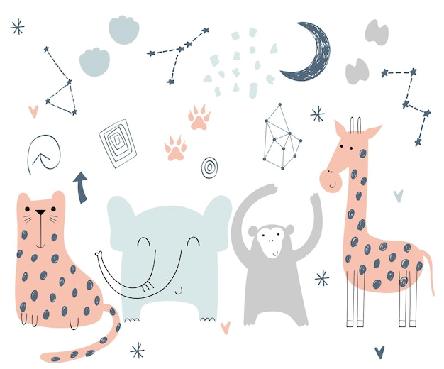 Cute card with hand drawn safari animals and stars