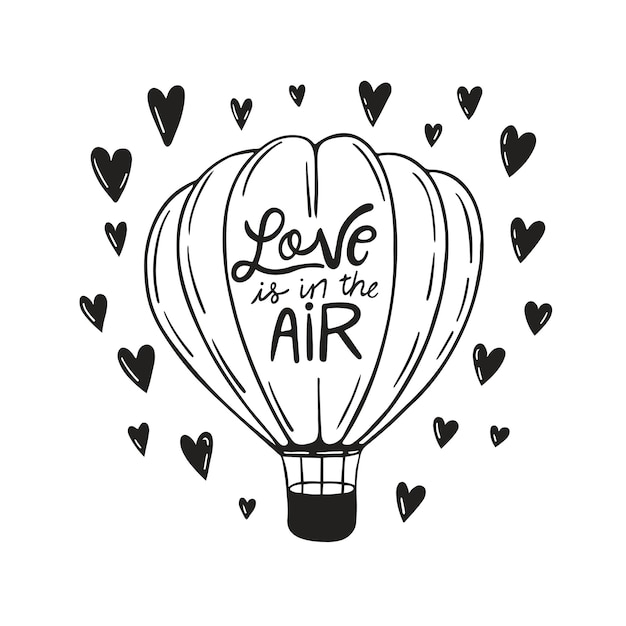 Вектор Симпатичная открытка с воздушным шаром в стиле каракулей без цветной ручной подписи любовь в воздухе
