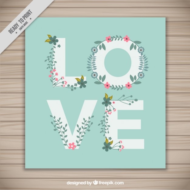 Vector cute card with love word and flowers