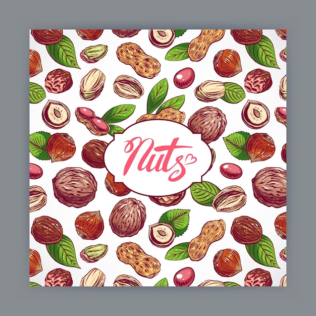 Cute card with nuts and leaves. hand-drawn illustration