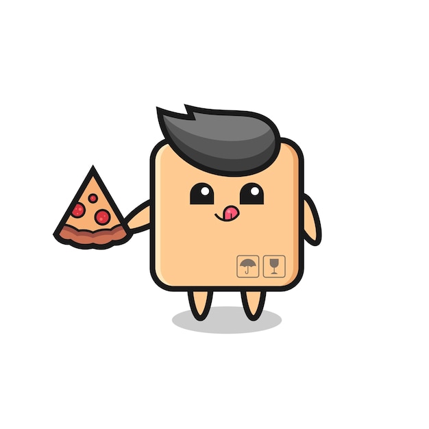 귀여운 판지 상자 만화 먹는 피자 귀여운 스타일 디자인 티셔츠 스티커 로고 요소