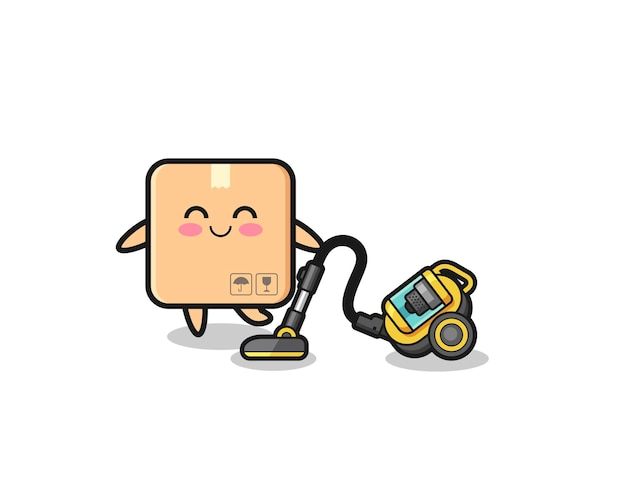 Vector cute cardboard box holding vacuum cleaner illustration  cute design