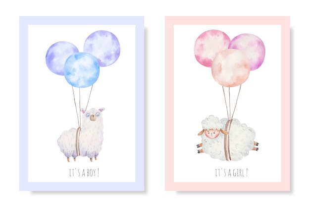 Вектор Симпатичные открытки, детский душ, это мальчик и девочка, детский дизайн с ламой и овцами на воздушных шарах, акварельная иллюстрация