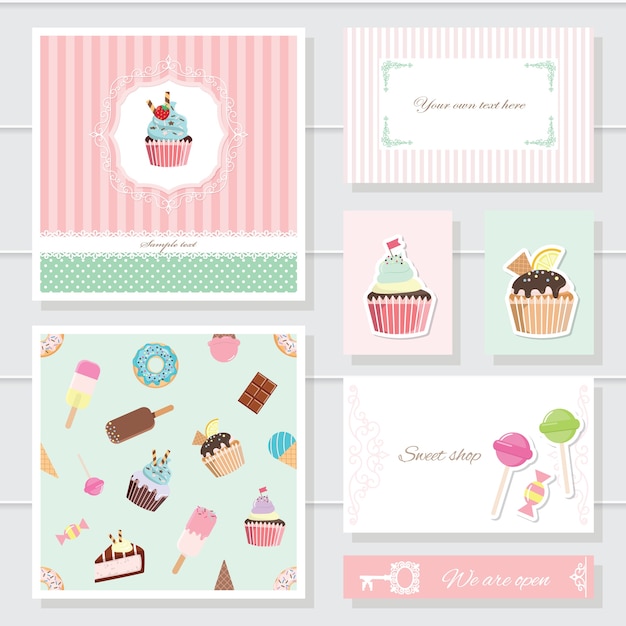 Vector cute cards set with sweets