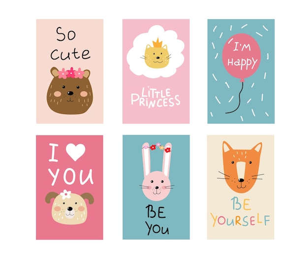 Cute cards with faces of animals for children in a Scandinavian style. Vector cartoon illustration