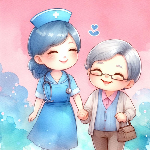 Vector cute care giver with an old woman cute illustration