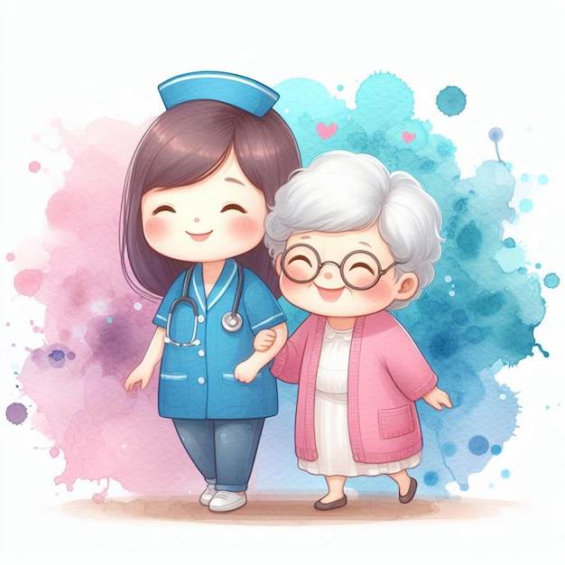 Cute care giver with an old woman cute illustration