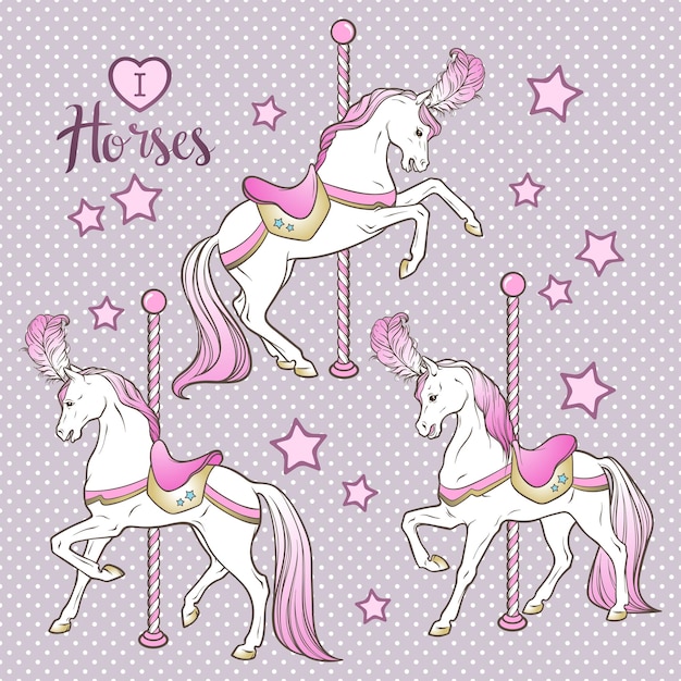 Vector cute carousel horses and stars set hand drawn design for kids in pastel colors vector illustration