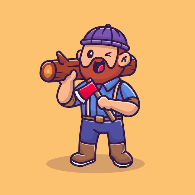 Cute carpenter holding ax and wood