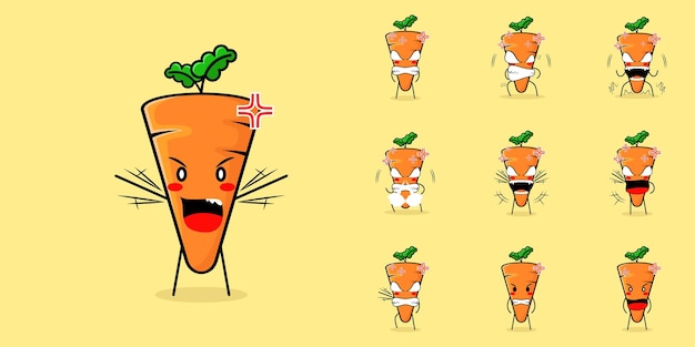Vector cute carrot character with angry expression. green and orange. used for emoticon, logo, mascot