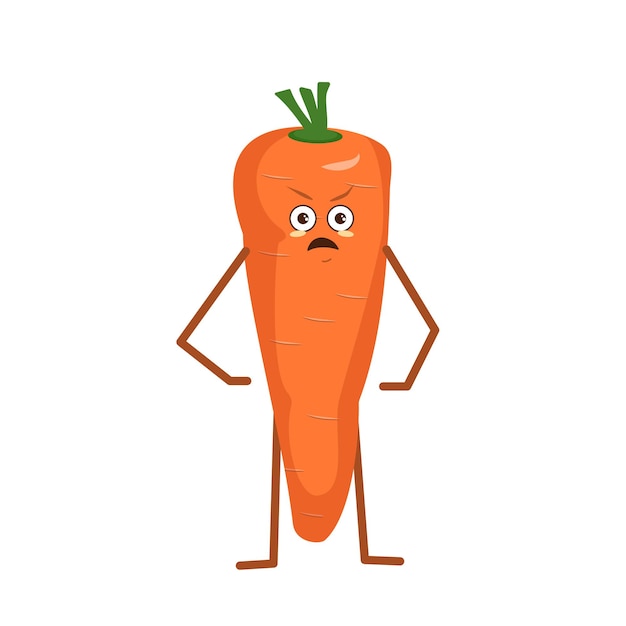 Cute carrot with angry emotions isolated on white background. the funny or grumpy hero, orange fruit and vegetable. vector flat illustration