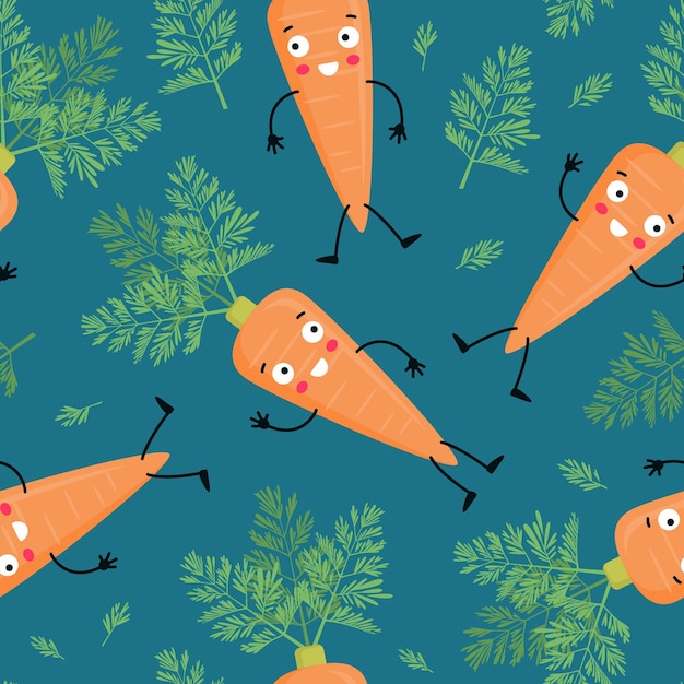 Vector cute carrot with eyes arms and legs seamless pattern childish funny vector illustration for fabric wallpaper and background healthy food