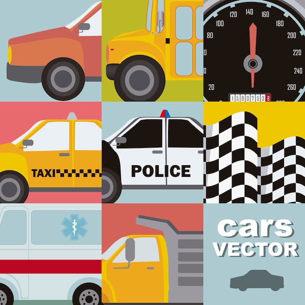 Cute cars with vintage style close up vector illustration