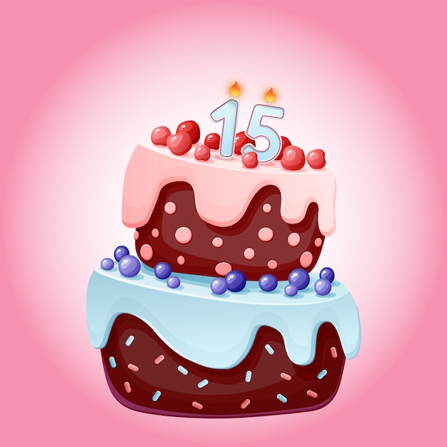 Cute cartoon 15 year birthday festive cake with candle number fifteen