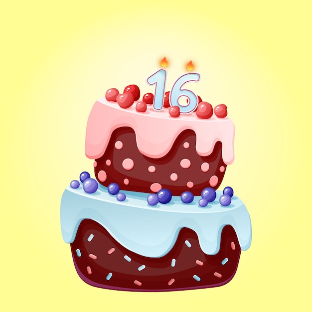 Cute cartoon 15 year birthday festive cake with candle number sixteen