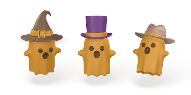 Cute cartoon 3d Halloween ghost with wizard witch and cowboy hats Halloween concept Vector illustration