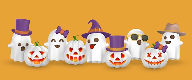 Cute cartoon 3d halloween pumpkin with scary face and ghost with hat halloween concept vector illustration