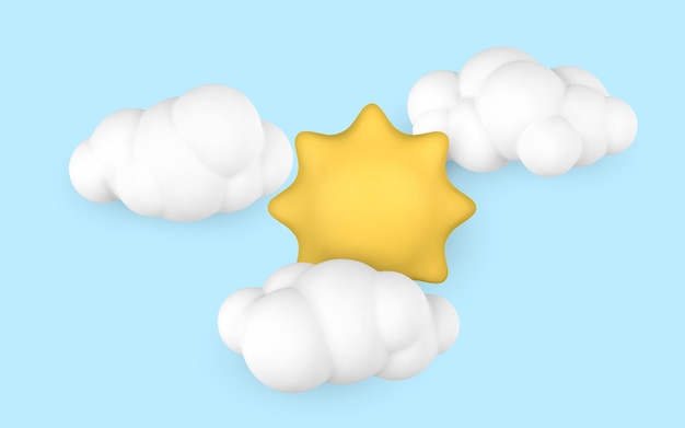 Cute cartoon 3d Sun in clouds Summertime object Vector illustration