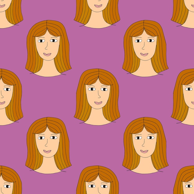 Vector cute cartoon abstract doodle girl portrait seamless pattern. woman face background.