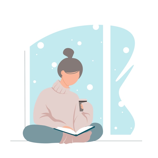 Cute cartoon abstract girl sitting by window, drinking coffee and reading a book. Winter cozy illustration.