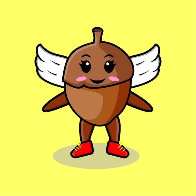 Cute cartoon acorn character wearing wings in modern style design