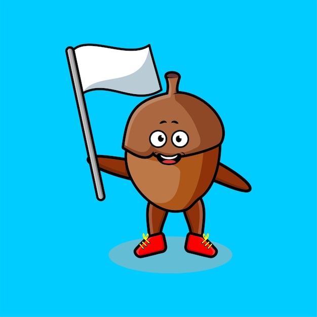 Cute cartoon Acorn mascot character with white flag in modern design