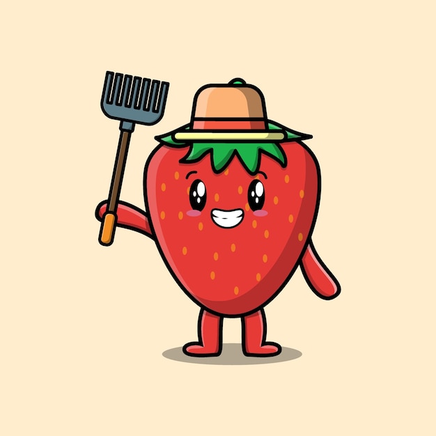 Cute cartoon lavoratore agricolo fragola con forcone immagine vettoriale carino design in stile moderno