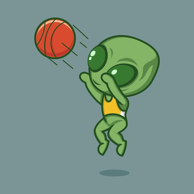 cute cartoon alien playing basketball