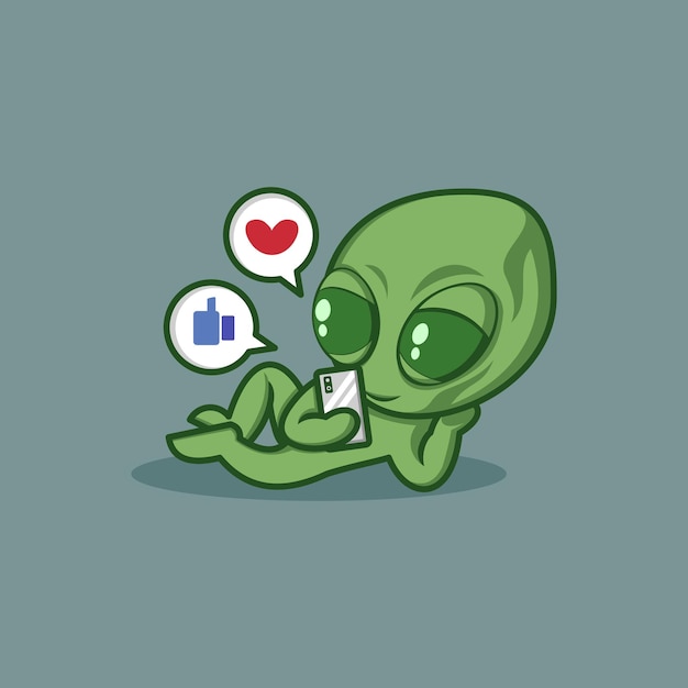cute cartoon alien playing social media on mobile phone