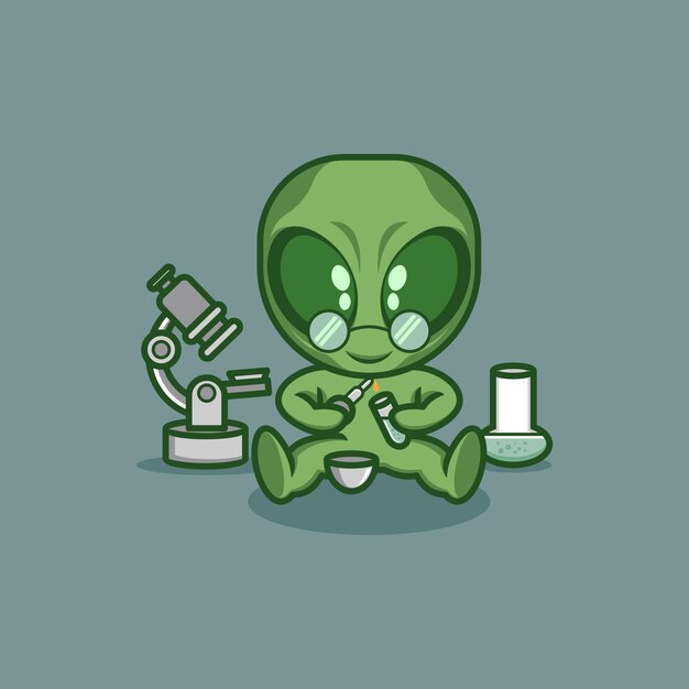 Vector cute cartoon alien scientist research