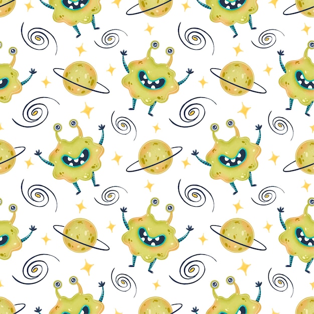 Cute cartoon aliens seamless pattern. UFO pattern. Cute monsters seamless pattern.