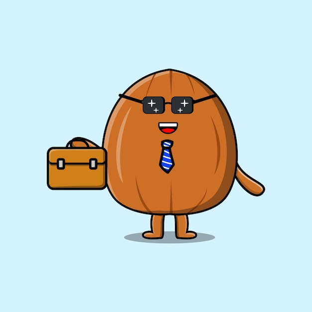 Vector cute cartoon almond nut businessman character holding suitcase illustration