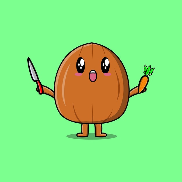 Vector cute cartoon almond nut character holding knife and carrot in modern style design