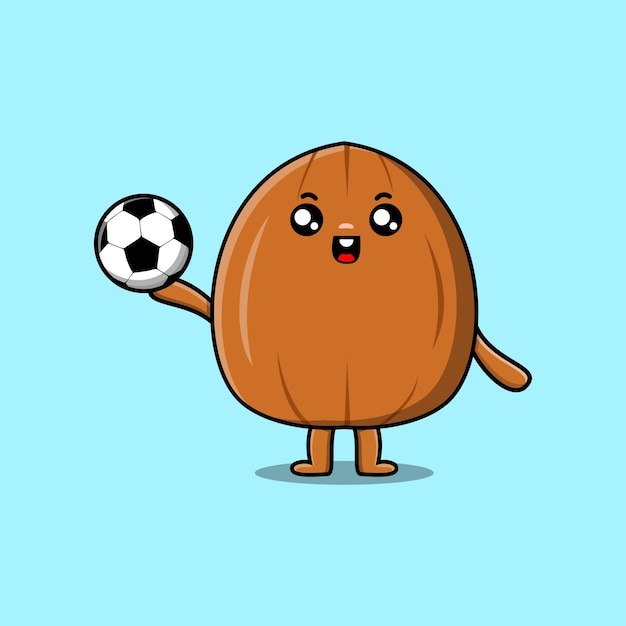 Simpatico cartone animato personaggio di mandorla che gioca a calcio in un'illustrazione piatta in stile cartone animato