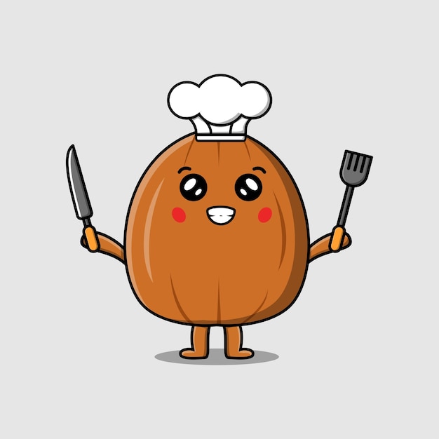 Милый мультяшный персонаж шеф-повара с миндальным орехом, держащий нож и шпатель в плоской иллюстрации в стиле мультфильма