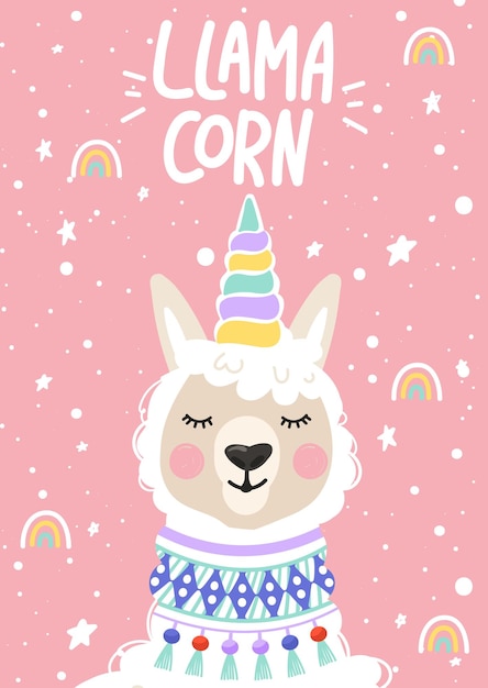 Vector cute cartoon alpaca with a unicorn horn llamacorn inspirational lettering phrase