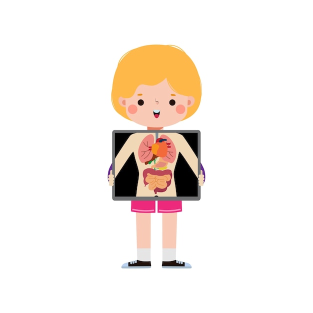 벡터 스레이 스크린을 가진 귀여운 만화 미국 어린이 내부 장기와 골격 스레 를 보여줍니다.