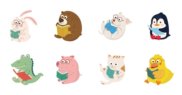 Cute cartoon animal characters reading books set illustrazione educativa per bambini